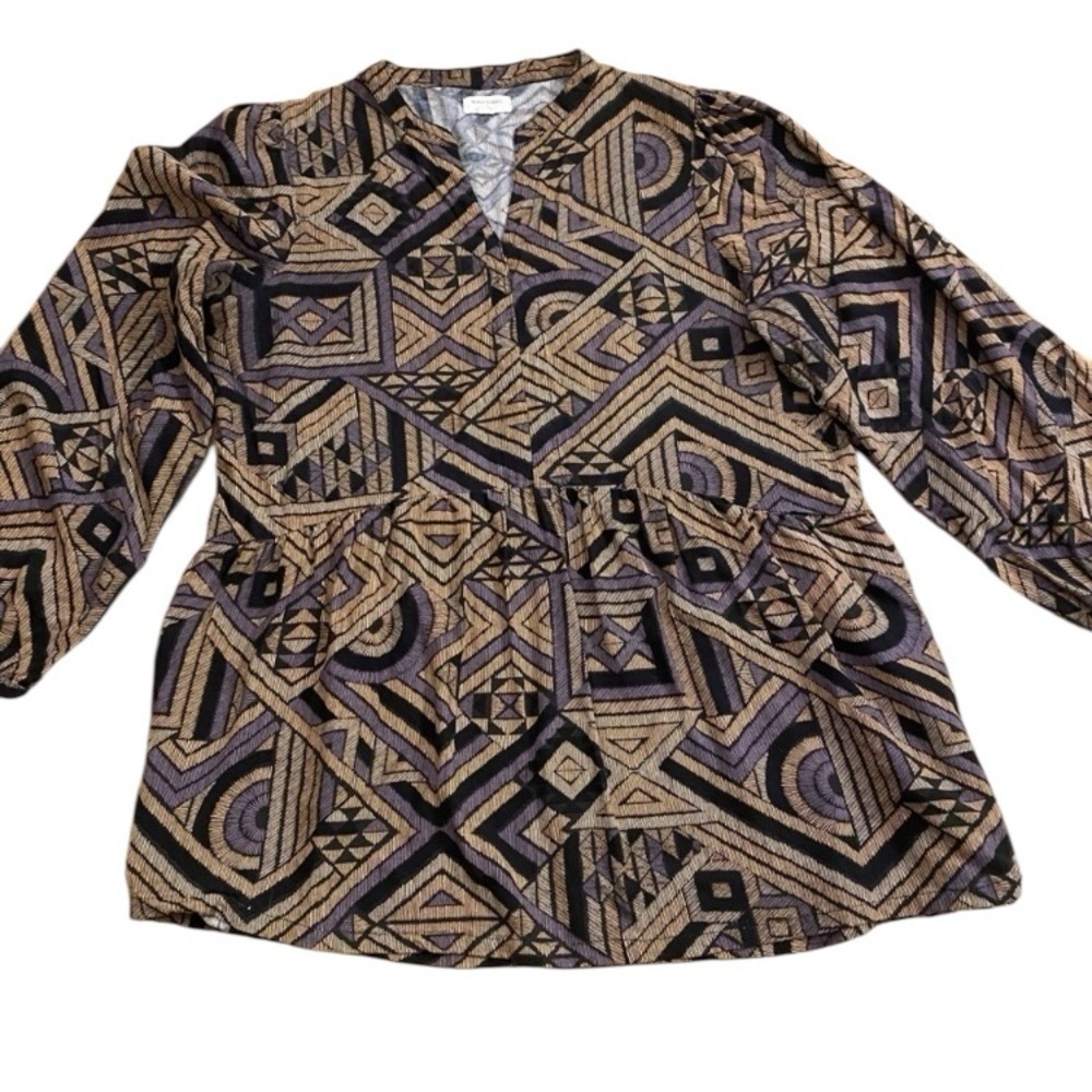 World Market Women’s Abstract Print Top Flowing S/M Purple Black Tan Pullover
